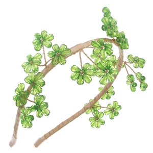 Serre-tête élégant fleurs en cristal avec fil doré et perles vertes pour coiffure mariée