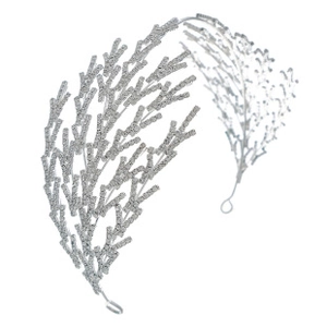 Detailed view of luxury silver bridal headband with zircon crystal leaf design