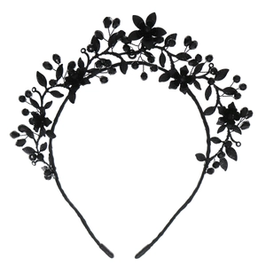 Gothic black flower crown headband with dark beads and crystal details for Halloween parties