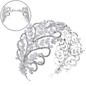 Close-up of luxury bridal headband with silver marquise zircon leaves and scroll patterns