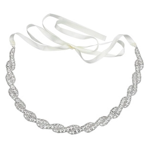 Detail of silver wedding belt featuring sparkling rhinestones and white satin ribbon