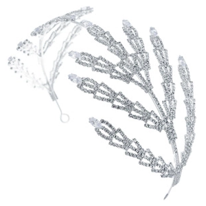Macro view of silver bridal headband featuring crystal leaf details and marquise stones
