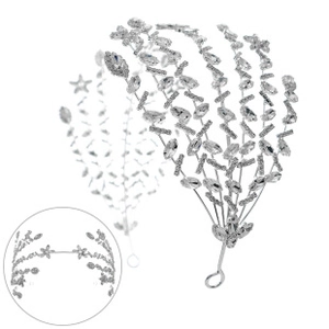 Close-up of luxury bridal headband with silver rhinestone stars and crystal leaf details