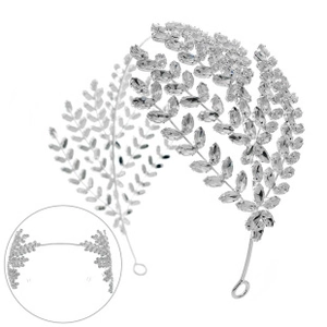 Detailed close-up of luxury zircon leaf headband with silver alloy base for bridal styling