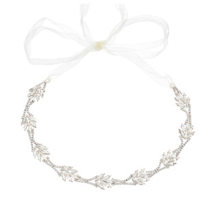 Detail of silver bridal belt showing marquise rhinestones and white organza ribbon bow