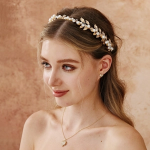 Vintage Gold Flower Leaf Headband With Imitation Artificial Pearl Rhinestone Handmade Bridal Hair Accessories For Wedding Women