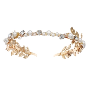 Golden bridal headband with handmade pearls, rhinestones, and leaf metallic accents