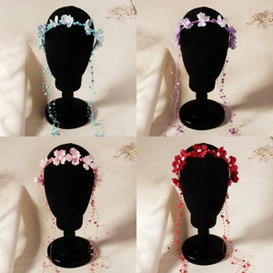 Süße Blumen Stirnband Mit Langen Künstliche Perlen Quasten Stoff Blume Haarreifen Für Kinder Hochzeit Blumenmädchen Aufführung Haarschmuck