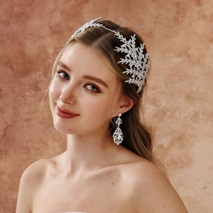 Détail d'un bandeau de mariée luxueux en argent et boucles d'oreilles avec zircons brillants
