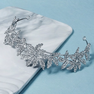 Elegant silver leaf and floral bridal tiara with sparkling rhinestones for wedding parties