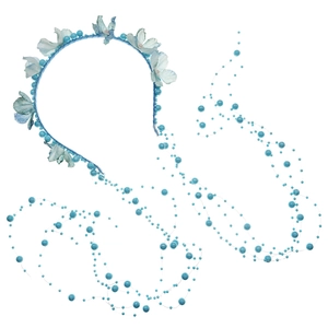 Hellblauer Blumen-Haarreif mit langen Perlen-Quasten und edlen Stoffblumen-Dekoren