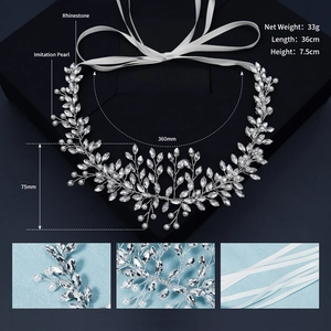 Detail of luxury bridal headband with rhinestones, pearls, and silver woven wire
