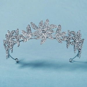 Silver bridal tiara with sparkling rhinestones and floral leaf design for weddings