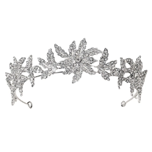 Silver bridal tiara with rhinestones and floral leaf design for wedding parties