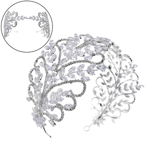 Diadème de mariée luxueux en argent avec zircons feuilles pour mariage et fêtes