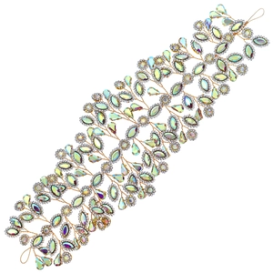 Luxurious bridal hair headband with iridescent crystals and golden floral vine design