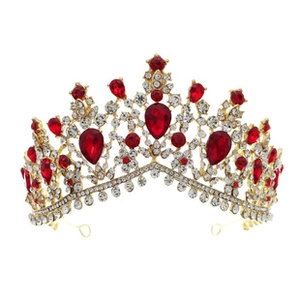 Detail of luxury bridal crown with teardrop red crystals and sparkling rhinestones