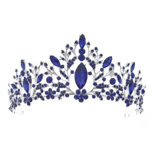 Detailed macro view of handmade silver bridal tiara with blue marquise crystals and rhinestones