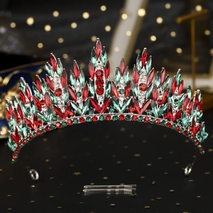 Luxury Christmas Red Green Rhinestone Tiara Alloy Crystal Leaf Crown For Women Party Wedding Hair Accessories