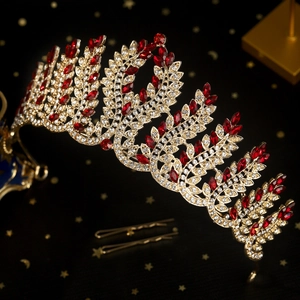 Vintage bridal crown with gold leaf design and red marquise rhinestones for weddings