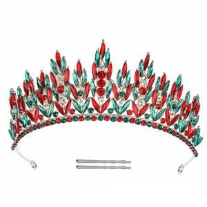 Baroque luxury crown with red and green crystals and silver bobby pins for hair