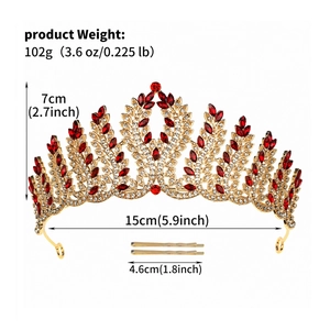 Detailed size specifications of a luxury vintage gold bridal crown with red rhinestones