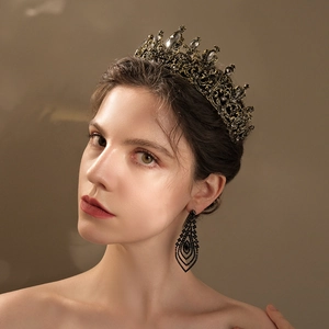 Vintage black crystal hollow crown for brides featuring antique bronze finish and matching earrings