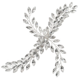 Detailed view of silver leaf bridal hair vine with crystal marquise stones and metal wire