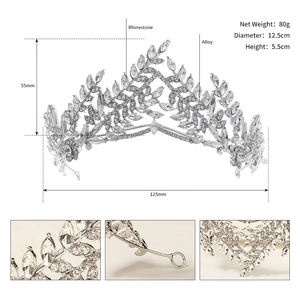 Detailed specs of silver rhinestone leaf crown showing dimensions 12.5x5.5cm and alloy material