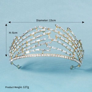 Detail view of luxury gold bridal crown with crystal rhinestones, 6cm high and 15cm wide