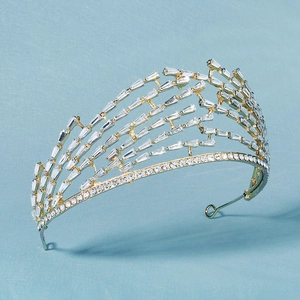 Luxurious bridal tiara crown with gold alloy frame and sparkling crystal rhinestones