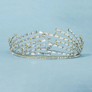 Detailed view of luxury bridal crown featuring geometric crystals and gold alloy frame