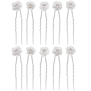 Set of 10 silver bridal hair pins featuring white resin flowers with pearl centers