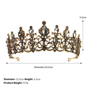 Detailed dimensions of vintage bridal crown featuring grey crystals and gold alloy base