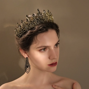 Vintage Baroque Antique Gold Crown For Women Black Rhinestone Crystal Wedding Tiara Bridal Hair Accessories Birthday Jewelry
