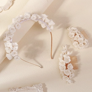 Handmade White Flower Bridal Headband Hair Comb Set With Imitation Artificial Pearl Crystal Wedding Hair Jewelry For Women