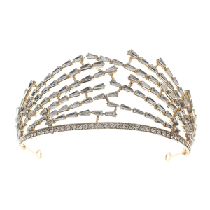Luxurious gold bridal crown with radiant baguette-cut rhinestones for weddings and parties