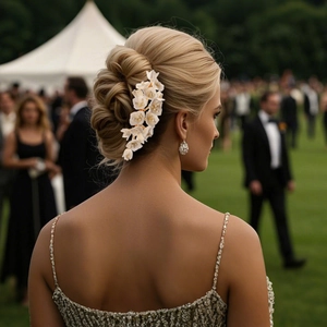 Detail of white floral headpiece with pearls on model hair for bridal wedding accessory