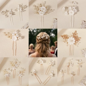 Handmade pearl and clay flower bridal hair pins set with elegant silver leaf details