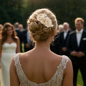 Close-up of white floral bridal headband with beaded flower centers and elegant details