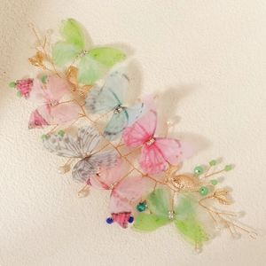 Exquisite forest-style hair clip featuring colorful mesh butterflies and crystal beads