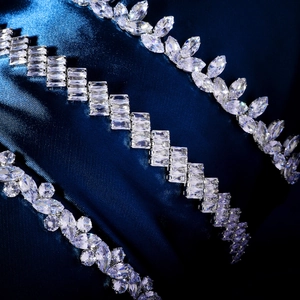 Macro shot of silver crystal headbands with marquise and rectangular cubic zirconia details