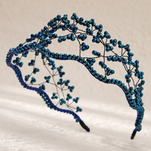 Exquisite handmade blue crystal beaded headband with mesh woven vine design for women