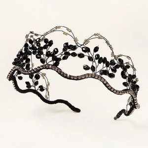Elegant gothic black crystal beaded headband with sparkling rhinestones for weddings