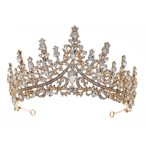 Baroque gold crown for brides featuring full rhinestone inlay and pear-cut crystal accents