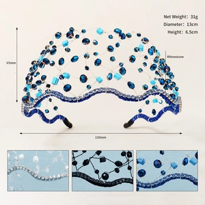 Detail showing blue crystal beads and rhinestones on wave-shaped 13cm handmade headband