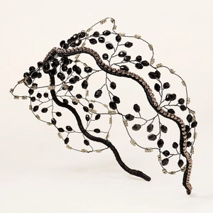 Elegant vintage black bead headband with crystals and gold wire vine pattern crown