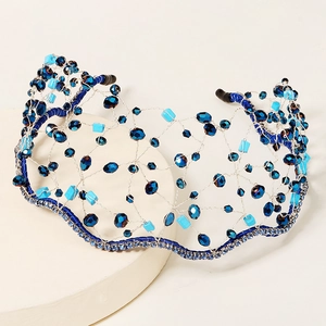 Luxury Handmade Blue Crystal Beaded Headband Crown Tiara Vintage Mesh Silver Wire Hair Accessories For Wedding Party Women Jewelry Elegant Hairpiece