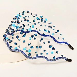 Handcrafted blue crystal beaded headband with intricate mesh weave and sparkling accents