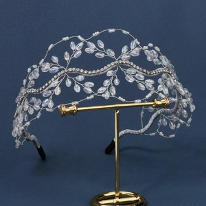 Detail of silver wire woven headband with clear crystal beads and rhinestones